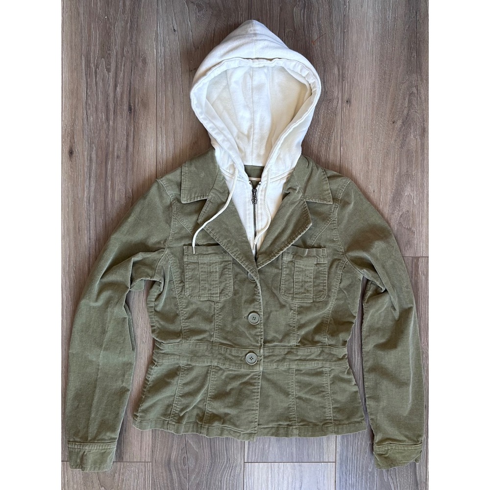 Vintage Nori Olive Green Corduroy Layered Hoodie Jacket Blazer Utility Y2K Small - Picture 6 of 7